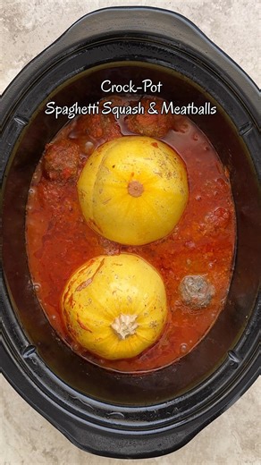 Crockpot Spaghetti Squash and Meatballs Recipe: https://fitslowcookerqueen.com/crockpot-spaghetti-squash-meatballs/ | Shannon Epstein - Fit Slow Cooker Queen