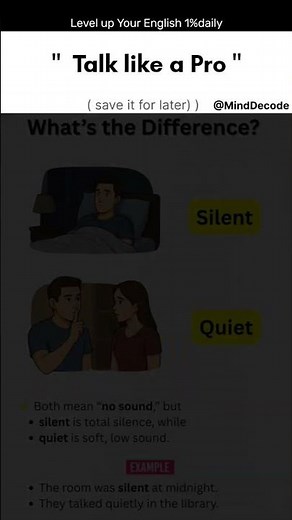 🤫 SILENT vs QUIET — Do You Know the Difference? 🤔Both mean no sound, but they’re not the same! 👇