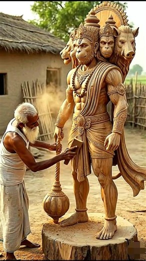 “Aged Hands, Divine Art | Hanuman Ji Wooden Sculpture”|#woodcarving #woodcraft #foryou #hanumanji