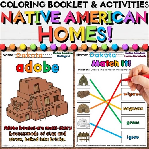 Native American Homes Worksheet Activities, Emergent Reader & Coloring Booklet
