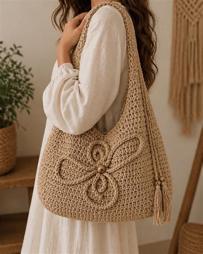 Crochet Shoulder Bag Pattern PDF, Boho Purse Tutorial, Handmade Raffia Tote, Flower Applique Summer Accessory - Etsy