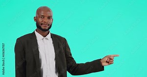 Pointing, business man and presentation, list of information and plan or timeline for career advice, results and news. Steps, face and corporate, african person show job process on studio background