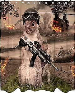 Funny Squirrel Warrior Theme Bathroom Bathtubs Fabric Shower Curtains Helicopter Animal Shower Curtain Set with 12 Hooks 72 x 72 inches Polyester Machine Washable, Black and Green