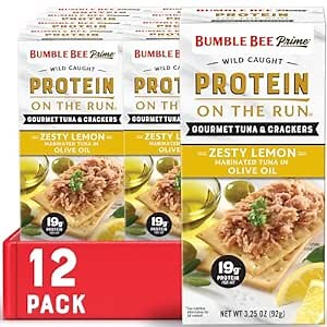 Bumble Bee Prime Protein on the Run Tuna Snack Kit, Pack of 12 - Gourmet Tuna Marinated in Olive Oil & Zesty Lemon with Crackers and Serving Utensil - 19g of Protein Per Serving