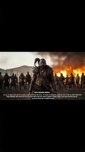 A battle-hardened African warlord stands in the middle of a burning battlefield