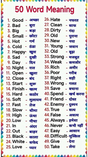Word Meaning 50/ Basic Word Meaning English to Hindi/English Words with Meaning in Hindi/#vocabulary