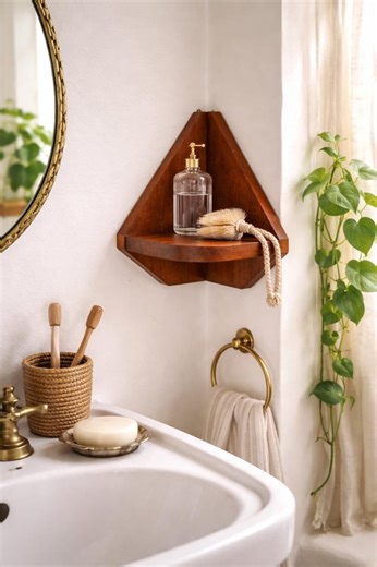 Vintage Teak Corner Shelf, Mid Century Wall Shelf, Handmade Wood Bathroom Storage