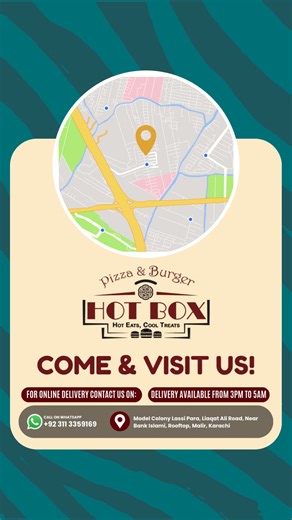 The burger you’ve been dreaming of is here. 🤤 Thick, juicy beef and fresh toppings. . For Online Deliver Contact Us On:🛵 0311-3359169 . 🕓 Timings: 3:00 PM – 5:00 AM . For Takeaway And Dining Visit Us On:🍽️ Model Colony Lassi Para, Liaqat Ali Road, Near Bank Islami, RoofTop, Malir, Karachi . . #hotboxmodelcolony #karachieat #karachifood #pizzalover | Hot Box Pizza & Burger