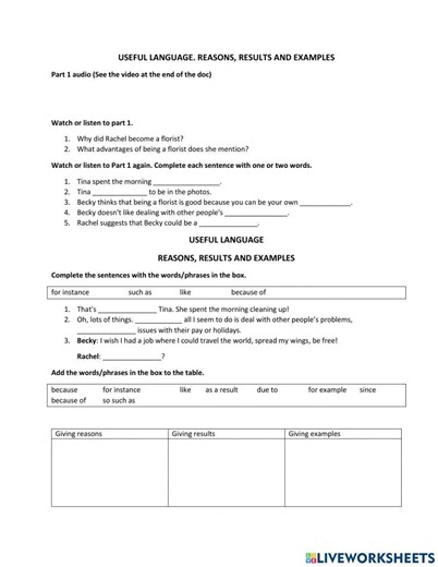 Giving resons, results and examples worksheet