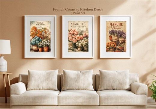 French Country Kitchen Wall Art Set of 3, Vintage Paris Flower Market Prints, Elegant Neutral Kitchen Decor, Printable Wall Art - Etsy