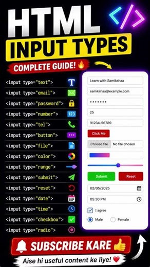 HTML Input Types 🔥 | Learn with Samikshaa #html #coding coding