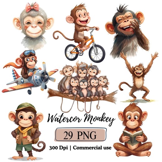 Monkey Png Watercolor Safari Animals Clipart Bundle, Cartoon Monkey Graphic Whimsical Zoo Animals Illustration Funny Macaque Squirrel Monkey - Etsy