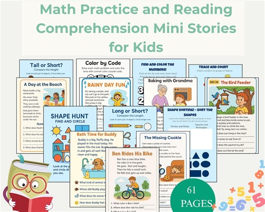 Math & Reading Comprehension Worksheets: Pre-k to 2nd Grade (PDF Downloadable Set, 61 Pages) - Etsy
