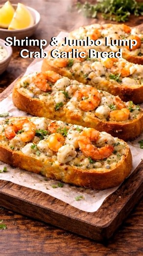 🦐 Shrimp & Jumbo Lump Crab Garlic Bread A rich, buttery seafood garlic bread loaded with juicy shrimp, sweet jumbo lump crab, and melted cheese perfect as an appetizer, party snack, or indulgent side dish. 🧄 Ingredients For the Garlic Bread 1 large French baguette or Italian loaf, sliced lengthwise 6 tbsp unsalted butter, softened 4 cloves garlic, finely minced 1 tbsp fresh parsley, finely chopped ½ tsp paprika ½ tsp black pepper Salt to taste Seafood Topping 200 g (7 oz) shrimp, peeled, devei