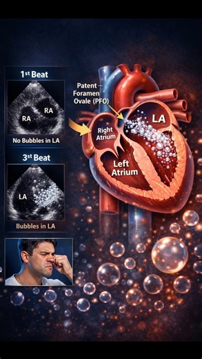 Bubble study confirms PFO 🫧🫀 In an agitated saline contrast echocardiography, the early appearance of microbubbles in the left atrium within 3 cardiac cycles after their appearance in the right atrium strongly suggests a Patent Foramen Ovale (PFO). An increase in the number of bubbles during the Valsalva maneuver further supports and confirms the diagnosis. #Tags: #BubbleStudy #PFO #ContrastEcho #AgitatedSaline Echocardiography Cardiology EchoJourney | Echo Journey