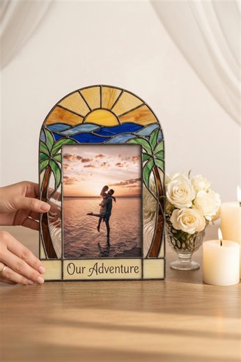 Tropical Stained Glass Picture Frame, Beach Sunset Art, Coastal Photo Holder, Unique Home Decor Gift, Vacation Memory Display - Etsy