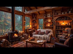 Cozy Autumn Cabin Ambience 🍁 Relaxing Jazz Music, Rainy Day & Fireplace Sounds for Stress Relief
