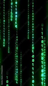 Vertical video of a green binary code moving downwards on a black background for the phone wallpaper