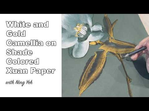 Chinese Flower Painting Lesson White / Gold Camellia on "Shade" Colored Xuan Paper with Ning Yeh