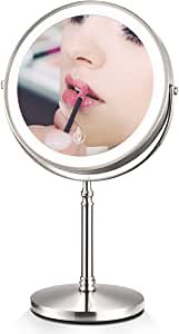 Lighted Makeup Mirror 7X Magnifying, 8 Inch Dual Sided Makeup Vanity Mirror with 3 Color LED Lights Modes, Rechargeable Battery Operated, Touch Dimmable, Brushed Nickel