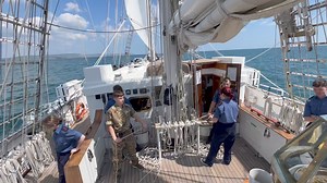 Cadets from TS Royalist have their first day at sea with a sail from Weymouth to Cowes. TS John Jerwood embarked on their cross channel trip to Normandy today, and they will be followed by TS Jack Petchey on Monday. TS Royalist will follow on Tuesday morning after being part of the parade of ships escorting the “freedom flame” out of Portsmouth Harbour on its way to Normandy. However the training programme continues, and here we see Cadets “learning the ropes” with bracing stations … | Sea Cadet