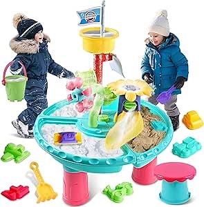 VATOS Water Table for Toddlers, 3 in 1 Kids Outdoor Water Play Table Rain Showers Splash Pond Toys, 31PCS Sensory Activity Sand Table, Outside Backyard Summer Beach Toys for Boys Girls Age 3 4 5 6