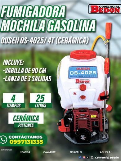 🔥 ¡MÁS POTENCIA, MÁS RENDIMIENTO, MÁS RESULTADOS! 🔥 La fumigadora de mochila a gasolina OUSEN OS-4025 es la herramienta que necesitas para trabajar sin parar y con máxima eficiencia 💪🌱 ✅ Motor de 4 tiempos (más durabilidad y menor mantenimiento) ✅ Sin graseros: menos complicaciones, más productividad ✅ Tanque reforzado de 25 litros para largas jornadas ✅ Diseño ergonómico que cuida tu espalda ✅ Incluye varilla de 90 cm lanza de 3 salidas para mayor cobertura 🚀 Trabaja más rápido, cubre más 