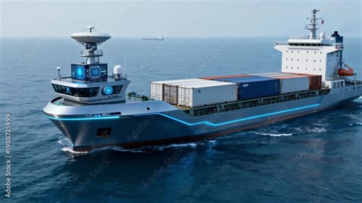 Medium view of an unmanned cargo ship equipped with cuttingedge navigation tools and AI processors transforming global freight movement and maritime industry.