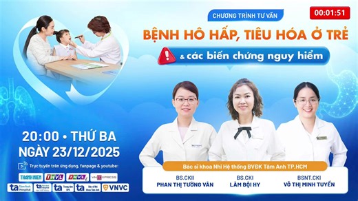 [Tư vấn trực tuyến] Biến chứng nguy hiểm của bệnh hô hấp, tiêu hóa ở trẻ. Con ho - nôn - tiêu chảy… có thật sự chỉ là bệnh nhẹ? Đừng để những dấu hiệu quen thuộc trở thành biến chứng nguy hiểm. Các bác sĩ khoa Nhi - Hệ thống BVĐK Tâm Anh đã sẵn sàng chia sẻ những kiến thức, tư vấn trực tiếp, giải đáp cụ thể theo từng tình huống của bé: ✔️ Cách nhận biết sớm các dấu hiệu cảnh báo bệnh hô hấp - tiêu hóa ở trẻ ✔️ Phân biệt khi nào có thể theo dõi tại nhà - khi nào cần đưa con đi khám ✔️ Hướng dẫn c