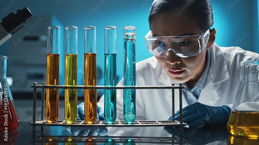 Researcher Examining Test Tubes With Liquid in Science Laboratory