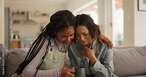 Crying woman, hug and friends on sofa with conversation, support and solution, problem solving and trust at home. Comfort, understanding or women in a living room with bad news, empathy or advice