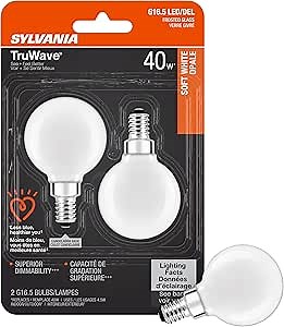 Sylvania LED TruWave Natural Series Décor Globe G 16.5 Light Bulb, 40W Equivalent, 4.5 Efficient, Candelabra Base, Dimmable, 350 Lumens, 2700K, Frosted, Soft White - 2 Pack (40797)