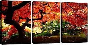 Pyradecor 3 Piece Canvas Prints Wall Art Paintings Ready to Hang for Living Room Home Decor - Red Maple Trees Large Modern Stretched Contemporary Landscape Pictures on Canvas Artwork