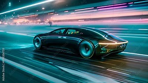 A sleek, modern electric car speeds through a tunnel with futuristic lighting, A sleek and modern electric car speeding down a digital highway