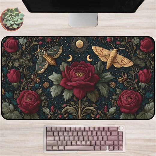Dark Cottagecore Desk Mat: Moth and Rose Tapestry Design, Gothic Celestial Office Decor - Etsy