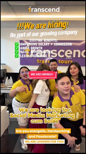 📢 WE ARE HIRING! Be part of our growing team at Transcend Travel & Tours ✈️ 💼 Position: Social Media Marketing cum Sales ✨ Competitive salary commission ✨ Career growth & travel opportunities ✨ Flexible schedule 📩 Send your CV to: claudinetranscendtourism@gmail.com 📞 971 58 100 5572 📍 Visit us at: Al Rigga Business Center, Noor Al Matar, 1st Floor, Room 20, Al Rigga, Deira, Dubai, UAE 🗺️ Landmark: Next to Ibis Hotel | Same building as Caribou Coffee #WeAreHiring #UAEJobs #SocialMediaMarket