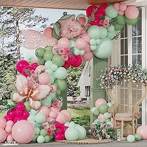 151Pcs Tea Party Balloons Arch Garland Kit, Tea Party Decorations, Pastel Pink Green Teapot Butterfly Balloons for Let's Partea Spring Garden Floral Girls Birthday Party Baby Shower Supplies
