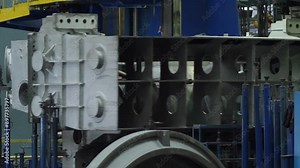 Close-Up Of Big Industrial Lathe Machine Processing Metal At Heavy Manufacturing Factory. Automated Metal Cutting With Industrial Lathe. Turning Industrial Lathe At Work. Heavy industry.