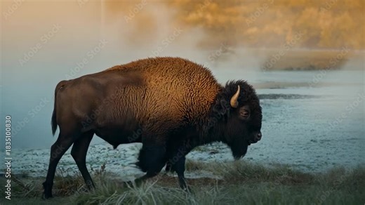 Walking American bison lowering head to graze along grass bank beside thermal pool passing rock