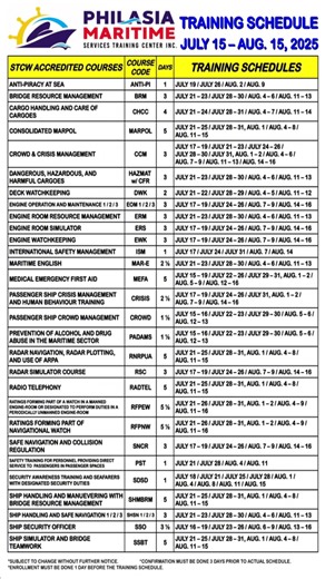 July 15- Aug 15,2025 Training Schedule is here! ⚓At Philasia Maritime Services Training Center , we know that learning is more than lectures—it’s an experience.🔊 Face to face class discussions, Q&A, and group voice drills and simulator experience.🎙️ Real-time coaching sessions with expert instructors for maritime in house courses We help deck / engine ratings and officers, cruise crew and passenger vessel personnel comply with the training needs.🧃 Free snacks🎁 Free t-shirt when you take 2 co