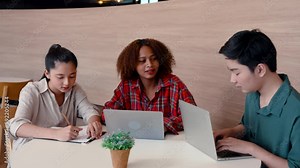 4K, Three children sat together studying for exams, Ready find test try sitting together on laptop computer, another friend sat down take notes in notebook, everyone sat studied exam together happily. Stock Video