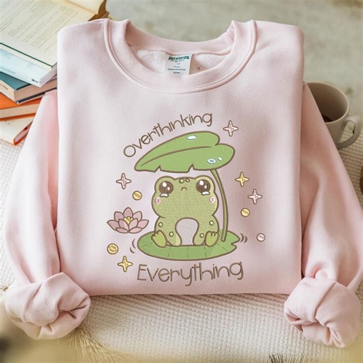 Frog Embroidery Design: Overthinking Everything Embroidery File, Cute Frog With Lotus Leaf (digital Download) - Etsy