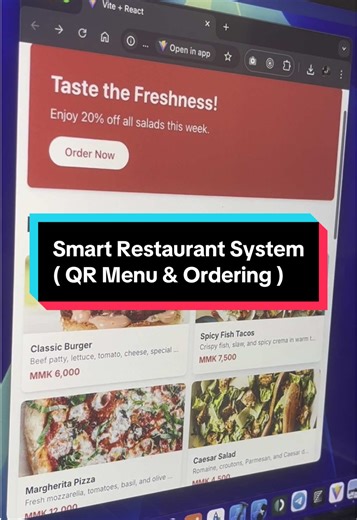 Smart Restaurant System (MVP) QR Menu ရယ်၊ Customer ကိုယ်တိုင် Kitchen ထိ Order တိုက်ရိုက်တင်နိုင်ပါတယ်။ လက်ရှိ develop လုပ်နေတုန်းလေးပါ။ စိတ်ကူးပေါက်ရင် Launch မယ်။ #qrmenu #digitalmenu