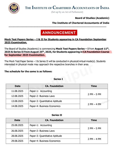 📢 ICAI Announcement for CA Foundation Students – September 2025 Attempt! . 🚨 Breaking CA News! The Institute of Chartered Accountants of India (ICAI) has officially released CA Foundation Mock Test Papers – MTP Series 1 & Series 2 for the September 2025 Exams. . 🗓️ The CA Foundation MTP Dates 2025 are out now! 📚 These ICAI mock tests are based on the latest CA Foundation syllabus, the new exam pattern, and ICAI study material, designed to give you a real exam-like experience. . ✅ Why You Sho