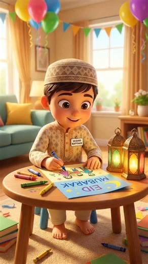 Allah Words Ai on Instagram‎: "Eid Gift & Forgiveness | Handmade Card Surprise | Islamic Cartoon Hindi ✨😍♥️ #allah #prophetmuhammadﷺ #cartoon #foryou #trending Eid Mubarak! 🌙 Feel the warmth of Eid forgiveness in this sweet 32-second 3D cartoon: On Eid morning, a little Muslim boy makes a handmade card with love and an apology note for a small argument during Ramadan, gives it to his sibling/friend, asks for forgiveness, receives a big hug, and celebrates Eid with family joy and unity! Featuri