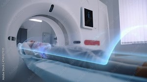 Woman undergoes MRI or CT scan diagnostic, lies on bed moving inside the machine. VFX animation of scanning brain and body of female patient. Sci-Fi augmented reality equipment in modern medical lab.