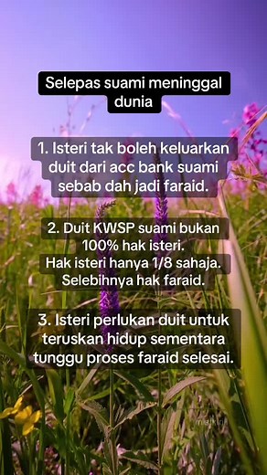 Saya sebagai seorang isteri, mohon para suami sila aware kepada isteri: 1)Pin code phone & pin atm segala kad bank yang ada. 2) Buku bank ASB/Buku Tabung Haji dan segala dokumen2 penting. 3) Senaraikan segala hutang2 yang ada 4) Minta jasa baik keluarga supaya tidak berebut harta dengan isteri & anak. 5) Ambil Hibah yang pampasan kematian RM50,000. Tiada alasan xcukup duit sebab harga caruman serendah RM28 ke RM49 je. Ramai orang yang nak ambil ketika semua dah terlambat #aia #aiapublictakaful #