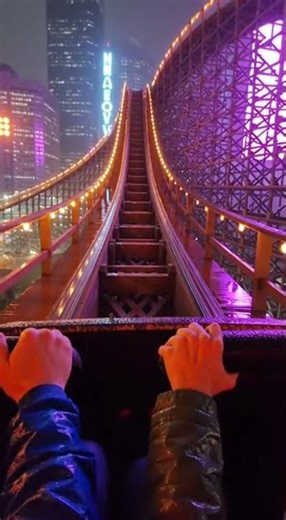 🎢🌧️ Wooden Roller Coaster POV – Neon City Night Ride! ⚡