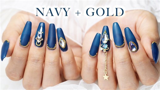 Creating Navy and Gold Nail Designs on Sculpted Gel Extensions