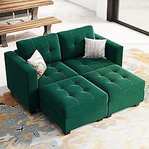 Belffin Velvet Modular Convertible Sectional Sofa, 4 Piece Couch Sectional Set, Couch with Double Reversible Ottomans and Storage, Green